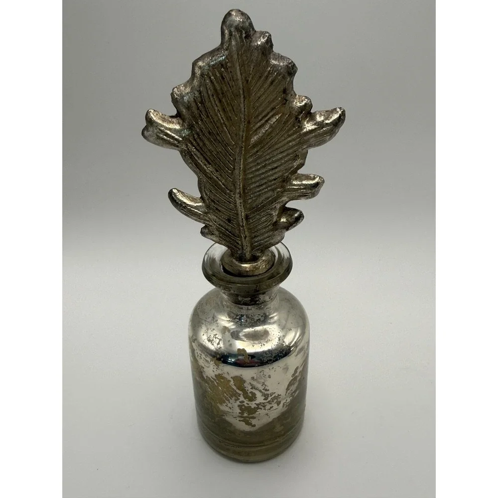 Pottery Barn Mercury Glass Bottles Set of 2 Silver Leaf Stopper Decorative Vases